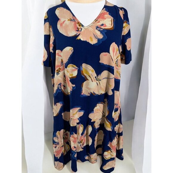 A New Day Womens Floral Print VNeck Short Sleeve Drop Waist Dress Small Blue - Picture 2 of 9